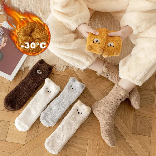 2 Pairs Bear Plush Socks - Women's Coral Velvet Winter Warm Sleep Socks - Peak Store Co.
