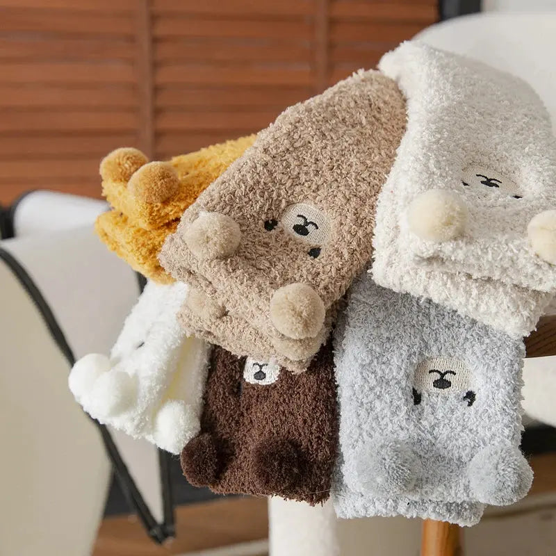 2 Pairs Bear Plush Socks - Women's Coral Velvet Winter Warm Sleep Socks - Peak Store Co.