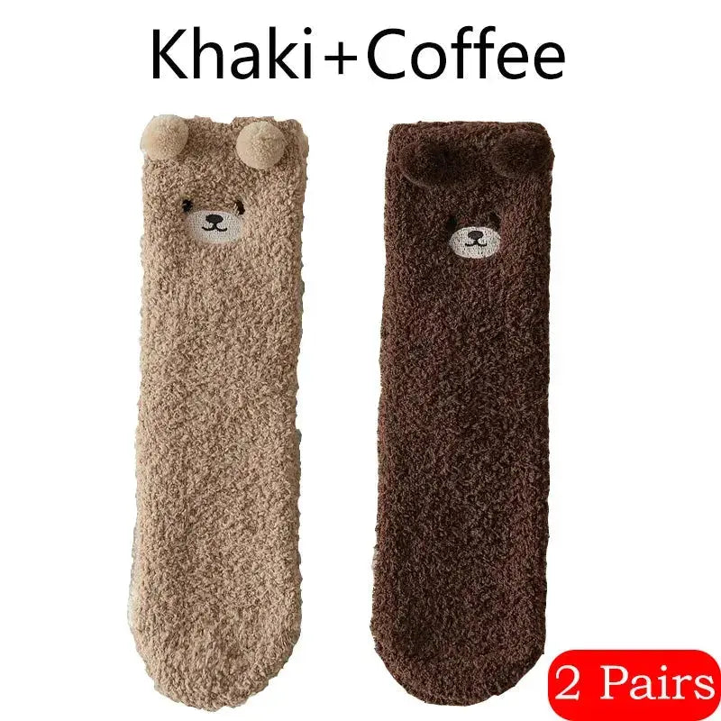 2 Pairs Bear Plush Socks - Women's Coral Velvet Winter Warm Sleep Socks - Peak Store Co.