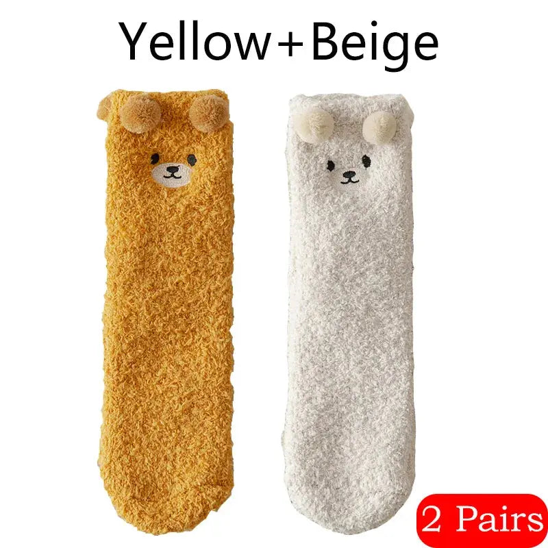 2 Pairs Bear Plush Socks - Women's Coral Velvet Winter Warm Sleep Socks - Peak Store Co.