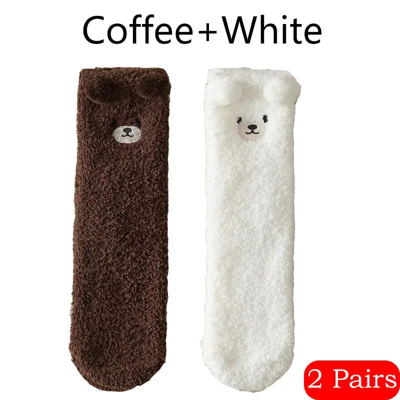 2 Pairs Bear Plush Socks - Women's Coral Velvet Winter Warm Sleep Socks - Peak Store Co.